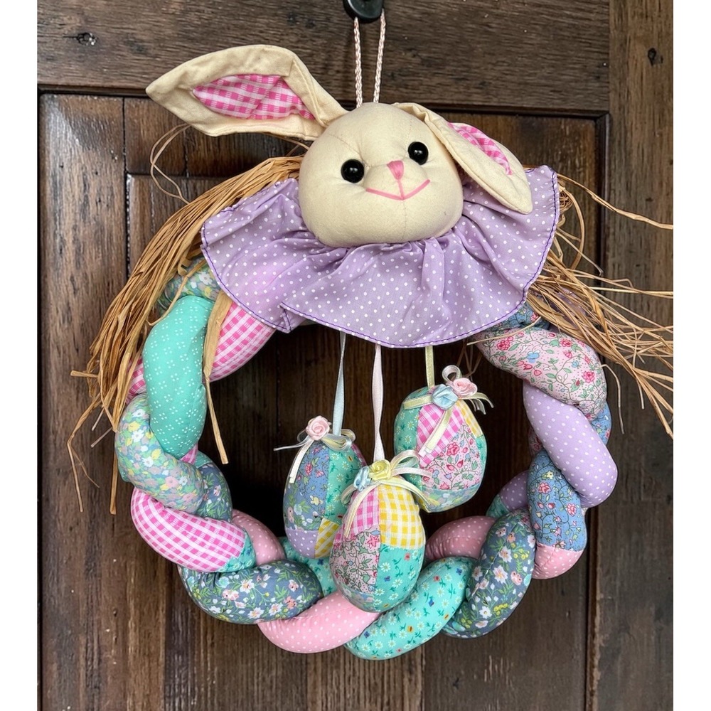 VTG 90s ABC Distributing Easter Bunny Patchwork Wreath Pastel Eggs NOS 13"